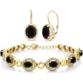 Gem Stone King Black Onyx Tennis Bracelet and 4.00 Cttw Dangle Earrings For Women In 18K Yellow Gold Plated Silver | Gemstone December Birthstone | Gold Plated Earrings | Onyx Jewelry Set for Women