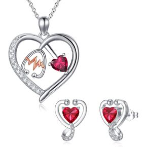 Stethoscope Heart Birthstone Necklace and Stud Earrings Set for Women 925 Sterling Silver July Birthstone Nurse Doctor Jewelry Gifts for RN Registered Graduation Retirement Nurse Week