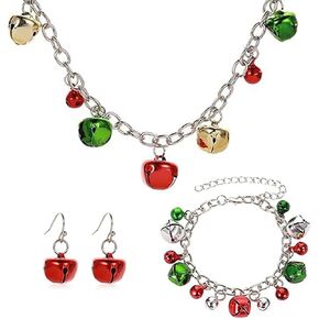 مجموعة مجوهرات Sixexey لعيد الميلاد على شكل جرس جلجل بيل سلسلة عنق فضية لحفلات عيد الميلاد وقلادة وسوار وأقراط إكسسوارات للنساء in Kuwait