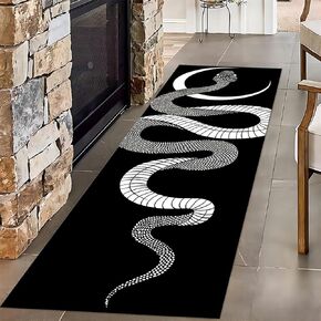 Snakes Decor Runner Rug, 2x7ft, White Black Animal Serpent Moon Print Carpets, Large Area Anti-Slip Washable Black Hallway Runners Rugs for Living Dining Room Boys Bedroom Office