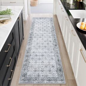Vintage Hallway Runner, 2.6x8 Soft Washable Runners for Hallways Non Slip Kitchen Runner Rug, Ultra-Thin Non Skid Carpet Runner for Bathroom Bedroom Entryway (2'6"x8', Grey)