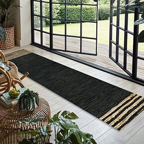 GRUHUM Jute Runner Rug 2'6"x4'ft Natural Fibre Rectangular Jute Area Rug Brown Leather Handwoven Boho Farmhouse Braided Rustic Vintage Eco Friendly Rug Kitchen Livingroom Bedroom Hallways Enterways