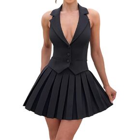 Women's 2 Piece Sets for Women Button Down A-Line V Neck Sleeveless Blazer Vest and Mini Pleated Skirt Set