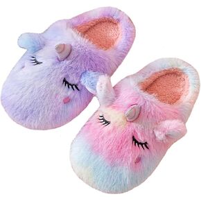 Cute Rainbow Unicorn Slippers for Women,Fluffy Winter Warm Plush Colorful Unicorn Slippers Home Shoes