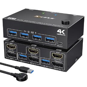 Dual Monitor KVM Switch 2 Port 8K@60Hz 4K@144Hz HDMI+DP USB 3.0 Switch Extended Display 2 Monitors 2 Computers with USB 3.0 Cables Wired Controller