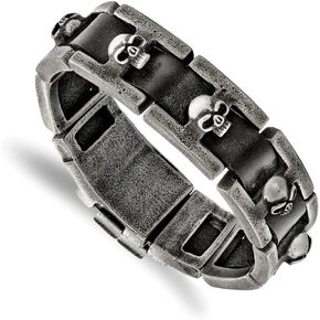 Solid Stainless Steel Brushed Vintage Antiqued Skull Black Leather Bracelet 9" (Width = 19mm)