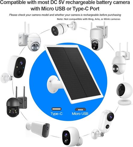 6W Solar Panel Charger for Outdoor Security Cameras,DC 5V, IP65 Waterproof. Micro USB/USB-C/DC (35*135) Fits eufy/wyze/ring camera,9.8ft Cable,Stabilization System for Battery Protection fast charging in Kuwait