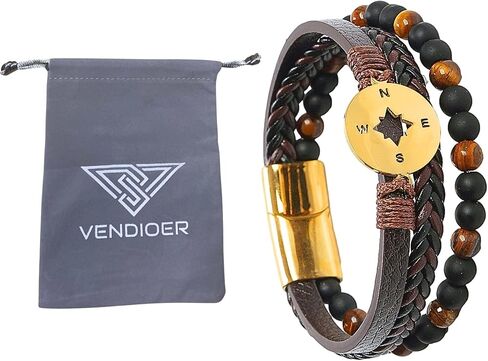 Mens Braided Beads PU & Genuine Leather Bracelet, Vergan Leather Gold & Silver Stainless Steel Bracelet, Clasp Stone & Compass Designed Black Blue Brown Faux Leather Bracelets in Saudi Arabia