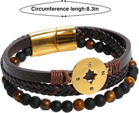 Mens Braided Beads PU & Genuine Leather Bracelet, Vergan Leather Gold & Silver Stainless Steel Bracelet, Clasp Stone & Compass Designed Black Blue Brown Faux Leather Bracelets in Saudi Arabia
