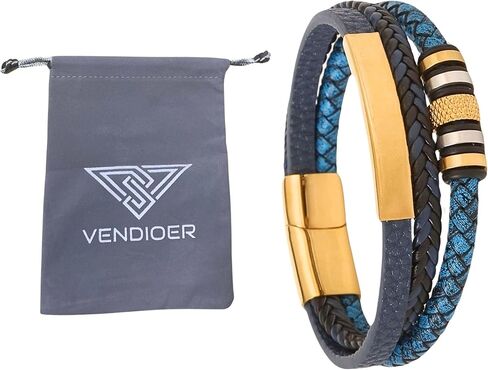 Mens Braided Beads PU & Genuine Leather Bracelet, Vergan Leather Gold & Silver Stainless Steel Bracelet, Clasp Stone & Compass Designed Black Blue Brown Faux Leather Bracelets in Saudi Arabia