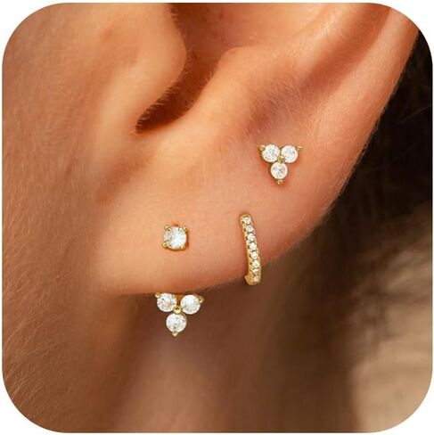 3 Pairs 14k CZ Gold Huggie Hoop Cartilage Earrings Set: Dainty CZ Stud Trendy Dangle Pearl Hoop Earrings Hypoallergenic Leaf Piercing Climber Huggie Earring for Women Gold Jewelry for Everyday in Kuwait