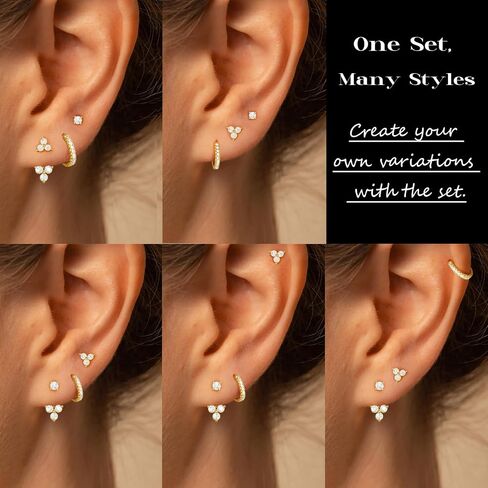 3 Pairs 14k CZ Gold Huggie Hoop Cartilage Earrings Set: Dainty CZ Stud Trendy Dangle Pearl Hoop Earrings Hypoallergenic Leaf Piercing Climber Huggie Earring for Women Gold Jewelry for Everyday in Kuwait