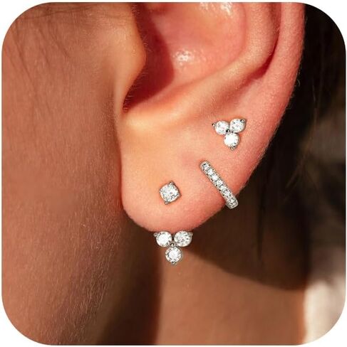 3 Pairs 14k CZ Gold Huggie Hoop Cartilage Earrings Set: Dainty CZ Stud Trendy Dangle Pearl Hoop Earrings Hypoallergenic Leaf Piercing Climber Huggie Earring for Women Gold Jewelry for Everyday in Kuwait