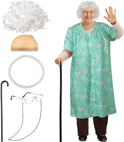 Jiuguva 7 قطع زي السيدة العجوز للفتيات والنساء 100 يوم من المدرسة زي الجدة ثوب النوم شعر مستعار قصب الجدة، مقاس كبير in Kuwait