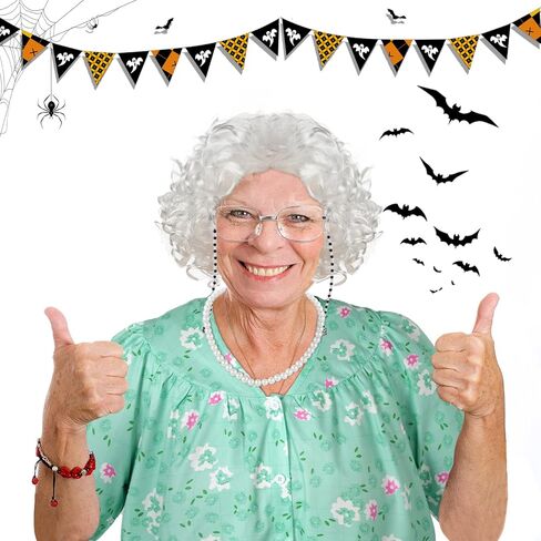 Jiuguva 7 قطع زي السيدة العجوز للفتيات والنساء 100 يوم من المدرسة زي الجدة ثوب النوم شعر مستعار قصب الجدة، مقاس كبير in Kuwait