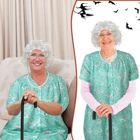 Jiuguva 7 قطع زي السيدة العجوز للفتيات والنساء 100 يوم من المدرسة زي الجدة ثوب النوم شعر مستعار قصب الجدة، مقاس كبير in Kuwait