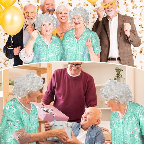 Jiuguva 7 قطع زي السيدة العجوز للفتيات والنساء 100 يوم من المدرسة زي الجدة ثوب النوم شعر مستعار قصب الجدة، مقاس كبير in Kuwait