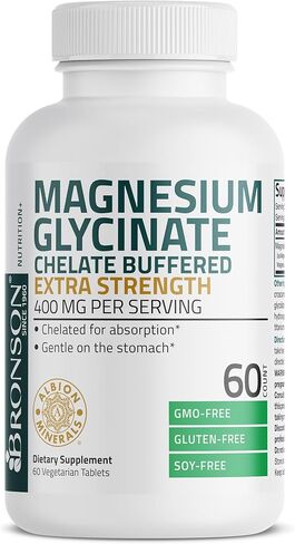 Bronson Magnesium Glycinate Extra Strength 400 MG Per Serving Chelated for Absorption Gentle on The Stomach Non-GMO, 60 Vegetarian Tablets in Kuwait
