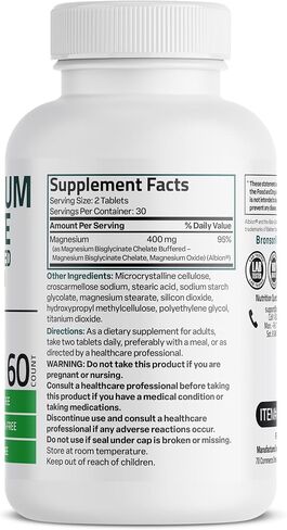 Bronson Magnesium Glycinate Extra Strength 400 MG Per Serving Chelated for Absorption Gentle on The Stomach Non-GMO, 60 Vegetarian Tablets in Kuwait
