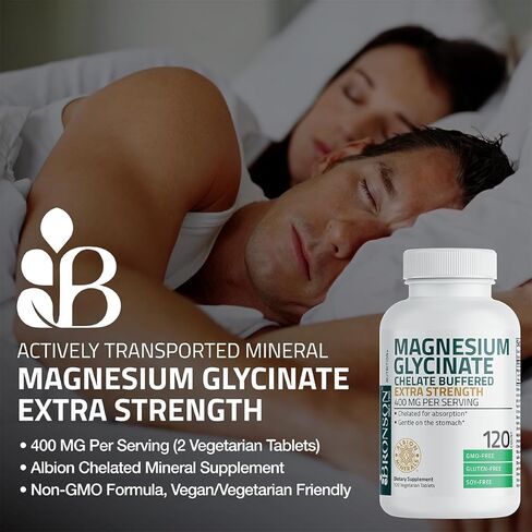 Bronson Magnesium Glycinate Extra Strength 400 MG Per Serving Chelated for Absorption Gentle on The Stomach Non-GMO, 60 Vegetarian Tablets in Kuwait