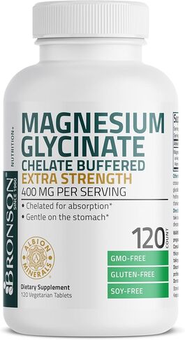 Bronson Magnesium Glycinate Extra Strength 400 MG Per Serving Chelated for Absorption Gentle on The Stomach Non-GMO, 60 Vegetarian Tablets in Kuwait