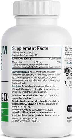 Bronson Magnesium Glycinate Extra Strength 400 MG Per Serving Chelated for Absorption Gentle on The Stomach Non-GMO, 60 Vegetarian Tablets in Kuwait
