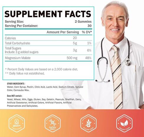 Magnesium Malate 500mg Gummies for Adults, Healthy Energy & Muscle Support, High Absorption Magnesium Supplement, Non-GMO, Vegan - 60 Counts in Saudi Arabia