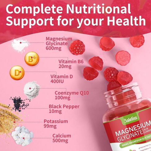 Magnesium Glycinate Gummies 600mg, Sugar Free Chewable Magnesium Glycinate with Vitamin D, B6, and CoQ10 Support Sleep, Relaxation, Stress Relief, and Calm Mood for Adults 120 Gummies (2 Pack) in Saudi Arabia