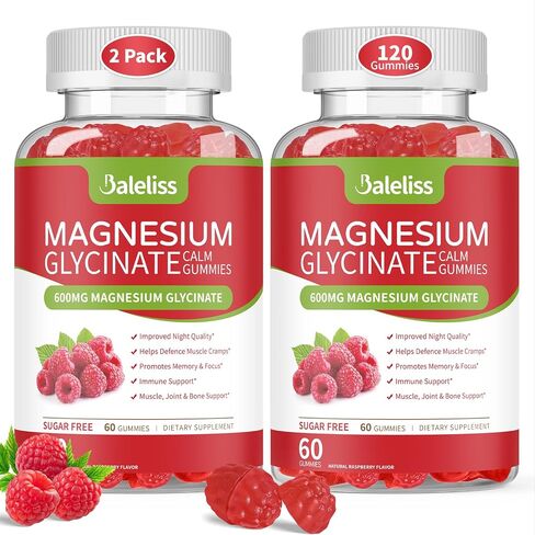 Magnesium Glycinate Gummies 600mg, Sugar Free Chewable Magnesium Glycinate with Vitamin D, B6, and CoQ10 Support Sleep, Relaxation, Stress Relief, and Calm Mood for Adults 120 Gummies (2 Pack) in Saudi Arabia