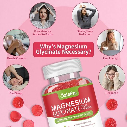 Magnesium Glycinate Gummies 600mg, Sugar Free Chewable Magnesium Glycinate with Vitamin D, B6, and CoQ10 Support Sleep, Relaxation, Stress Relief, and Calm Mood for Adults 120 Gummies (2 Pack) in Saudi Arabia