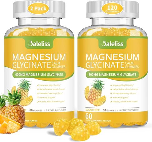 Magnesium Glycinate Gummies 600mg, Sugar Free Chewable Magnesium Glycinate with Vitamin D, B6, and CoQ10 Support Sleep, Relaxation, Stress Relief, and Calm Mood for Adults 120 Gummies (2 Pack) in Saudi Arabia