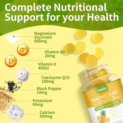 Magnesium Glycinate Gummies 600mg, Sugar Free Chewable Magnesium Glycinate with Vitamin D, B6, and CoQ10 Support Sleep, Relaxation, Stress Relief, and Calm Mood for Adults 120 Gummies (2 Pack) in Saudi Arabia
