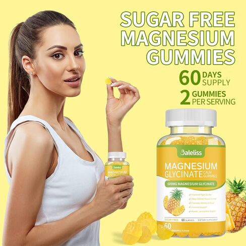 Magnesium Glycinate Gummies 600mg, Sugar Free Chewable Magnesium Glycinate with Vitamin D, B6, and CoQ10 Support Sleep, Relaxation, Stress Relief, and Calm Mood for Adults 120 Gummies (2 Pack) in Saudi Arabia