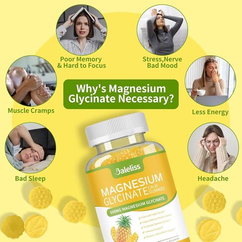 Magnesium Glycinate Gummies 600mg, Sugar Free Chewable Magnesium Glycinate with Vitamin D, B6, and CoQ10 Support Sleep, Relaxation, Stress Relief, and Calm Mood for Adults 120 Gummies (2 Pack) in Saudi Arabia