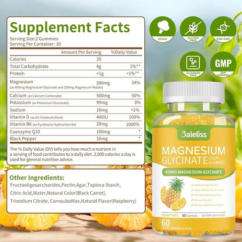 Magnesium Glycinate Gummies 600mg, Sugar Free Chewable Magnesium Glycinate with Vitamin D, B6, and CoQ10 Support Sleep, Relaxation, Stress Relief, and Calm Mood for Adults 120 Gummies (2 Pack) in Saudi Arabia
