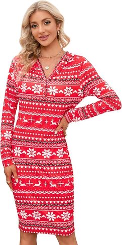 MISSKY Women's Christmas Casual Long Sleeve Slim Knee Lenth Pullover Hoodie Dress in Kuwait