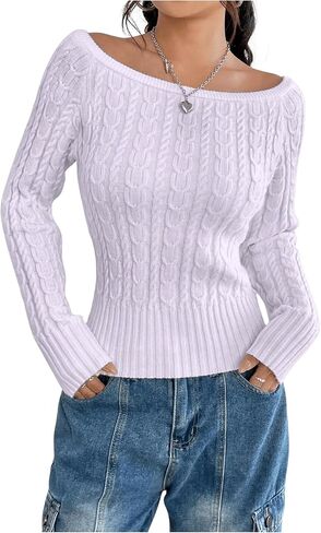 GORGLITTER Women's Off The Shoulder Cable Knit Sweater Long Sleeve Knitted Sweater Pullover Tops in Saudi Arabia