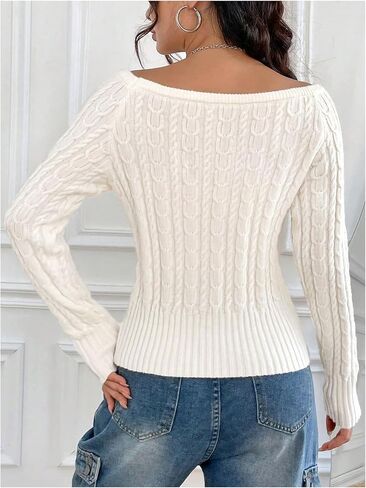 GORGLITTER Women's Off The Shoulder Cable Knit Sweater Long Sleeve Knitted Sweater Pullover Tops in Saudi Arabia