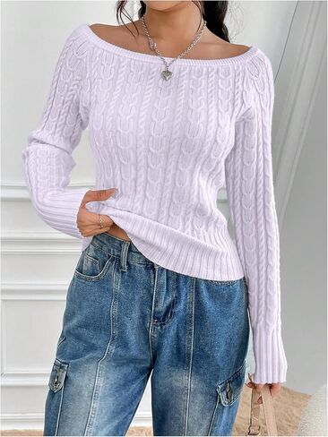 GORGLITTER Women's Off The Shoulder Cable Knit Sweater Long Sleeve Knitted Sweater Pullover Tops in Saudi Arabia
