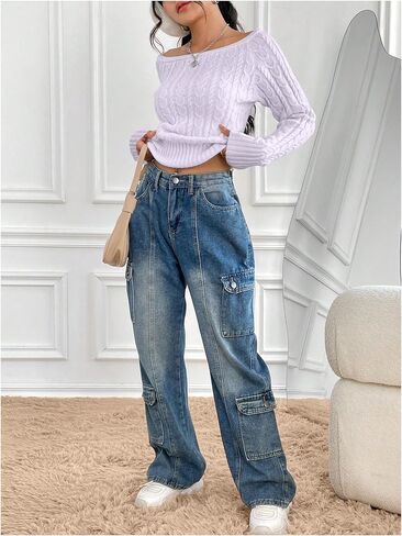 GORGLITTER Women's Off The Shoulder Cable Knit Sweater Long Sleeve Knitted Sweater Pullover Tops in Saudi Arabia