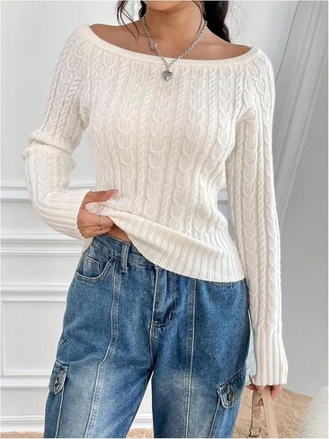 GORGLITTER Women's Off The Shoulder Cable Knit Sweater Long Sleeve Knitted Sweater Pullover Tops in Saudi Arabia