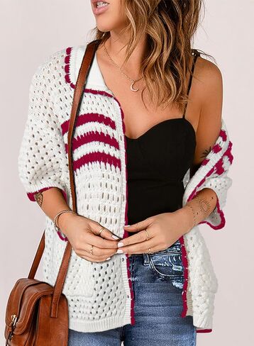 Dokotoo Womens Summer Cardigans Short Sleeve Crochet Cardigan Sweaters Collar Neck Color Block Vacation Outfits in Saudi Arabia
