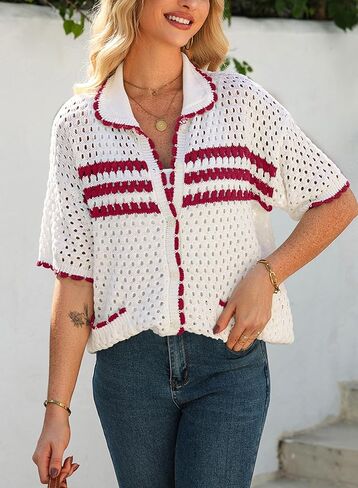 Dokotoo Womens Summer Cardigans Short Sleeve Crochet Cardigan Sweaters Collar Neck Color Block Vacation Outfits in Saudi Arabia