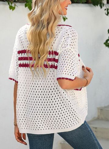 Dokotoo Womens Summer Cardigans Short Sleeve Crochet Cardigan Sweaters Collar Neck Color Block Vacation Outfits in Saudi Arabia