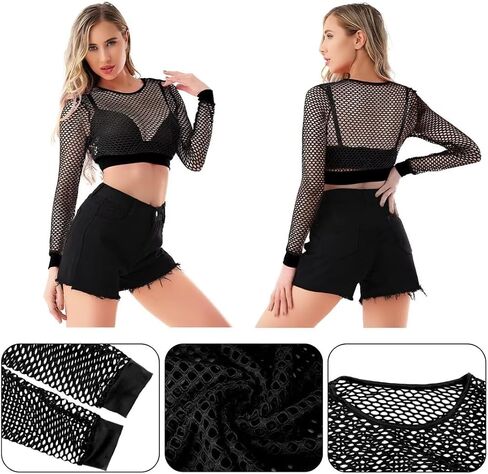 WILDPARTY Fishnet Top Women Long Sleeve Crop Top Fishnet Shirt Casual Sexy See Through Mesh Top in Saudi Arabia