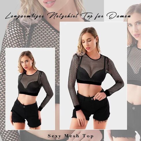 WILDPARTY Fishnet Top Women Long Sleeve Crop Top Fishnet Shirt Casual Sexy See Through Mesh Top in Saudi Arabia