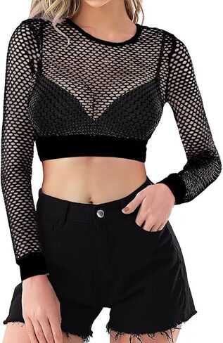 WILDPARTY Fishnet Top Women Long Sleeve Crop Top Fishnet Shirt Casual Sexy See Through Mesh Top in Saudi Arabia