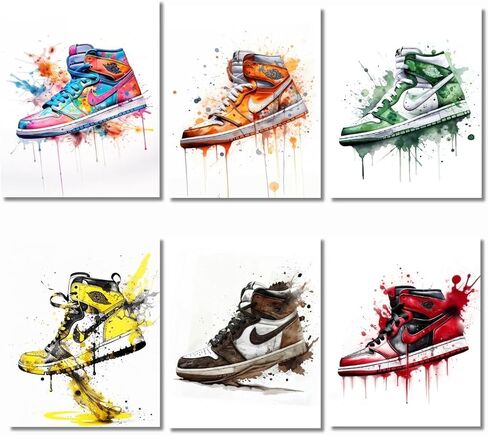 Brktr Design - Hypebeast Sneaker Poster Set - Wall Art for Boys & Teens, Sneakers Watercolor Decor, Unframed Set of 6 (8x10) in Saudi Arabia