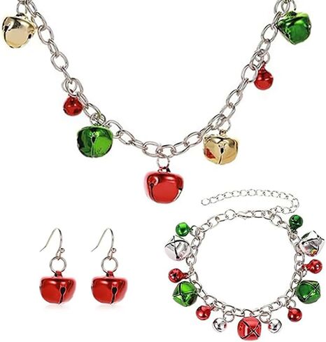 مجموعة مجوهرات Sixexey لعيد الميلاد على شكل جرس جلجل بيل سلسلة عنق فضية لحفلات عيد الميلاد وقلادة وسوار وأقراط إكسسوارات للنساء in Kuwait