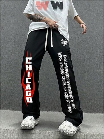 SHENHE Men's Graphic Sweatpants Open Bottom Drawstring Stacked Flared Track Pants in Saudi Arabia